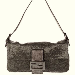 Fendi baguette silver pewter antique silver beaded leather bag handbag